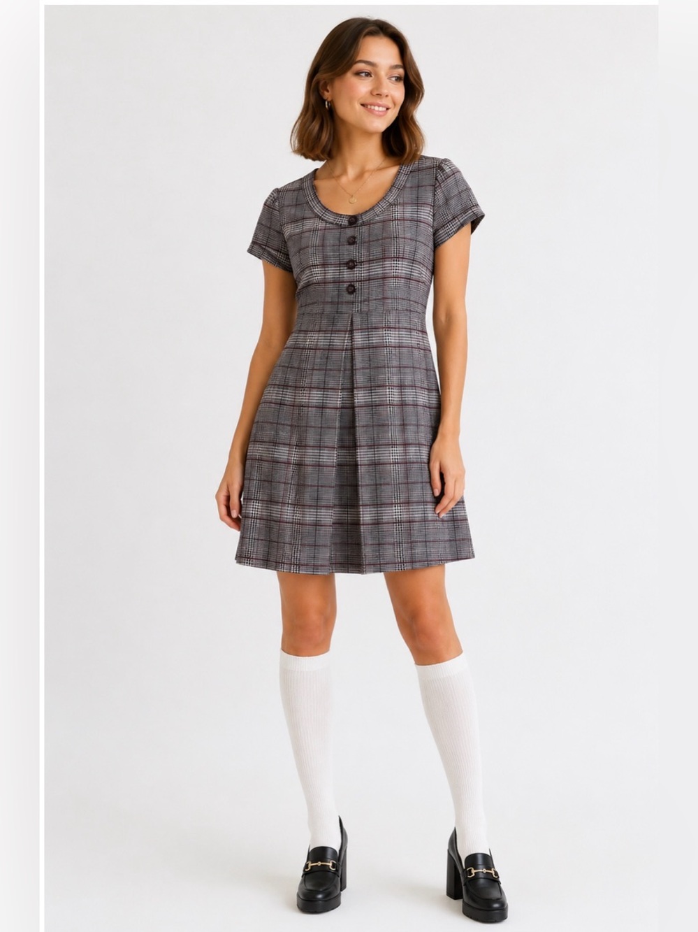 Enfocus Studio Gray Plaid Short Sleeve Fit-and-Flare Dress Size 8